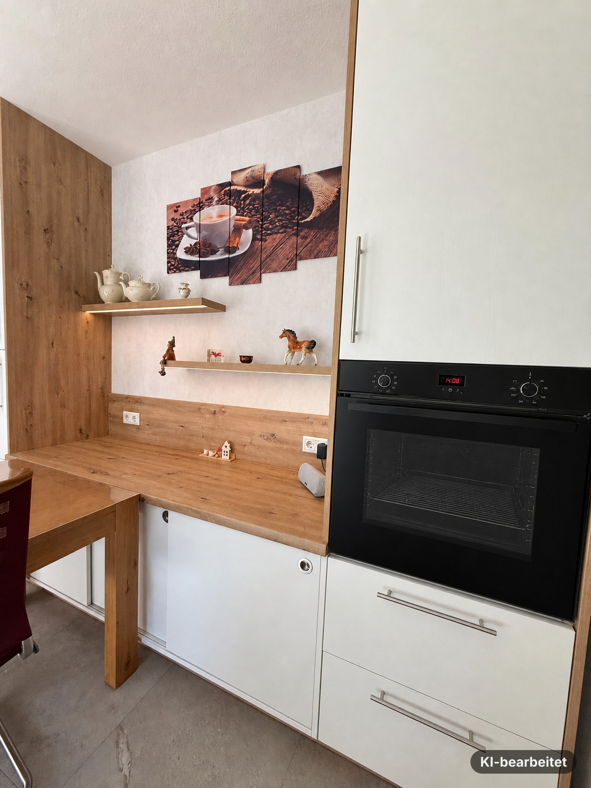 Anrichte in Asteiche mit beleuchteten Schwebeborden, Schiebetür-Unterschränken und Backofen-Hochschrank.
