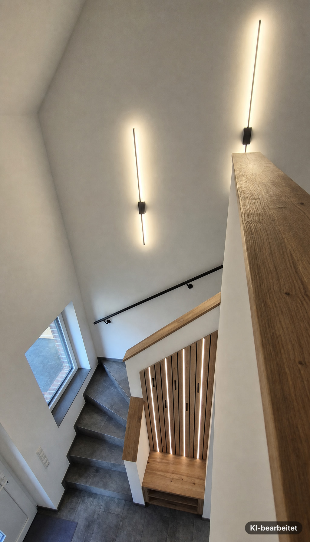 Blick von oben ins fertige Treppenhaus mit zwei linearen Wandleuchten, Eichen-Handlaufabdeckung auf der Brüstung, schwarzem Treppengeländer und der beleuchteten Garderobenwand mit