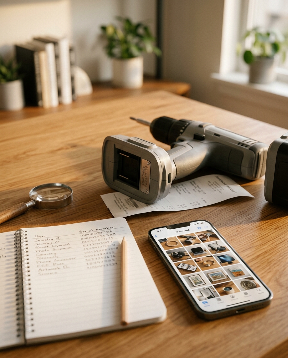 Smartphone fotografiert das Typenschild eines Elektrogeräts, daneben Kaufbeleg und Notizblock auf einem Tisch