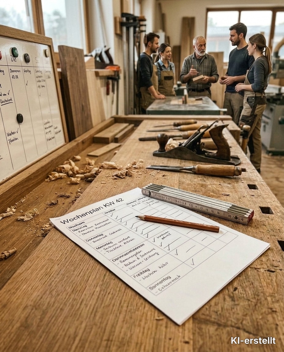 Montagsbesprechung in der Tischlerei: So planen wir die Woche