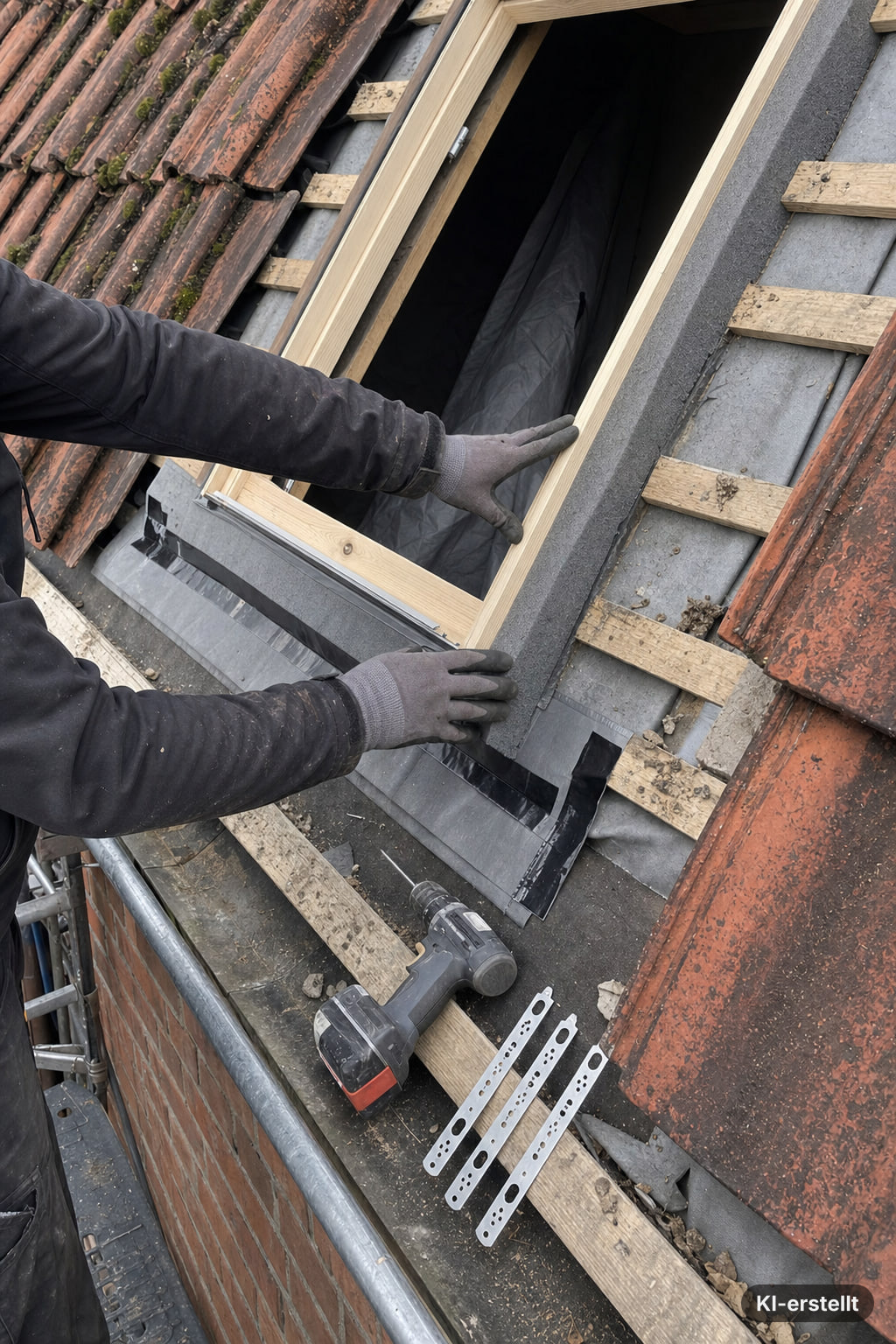 Neues Dachfenster im Ziegeldach (detail, KI-generiert)